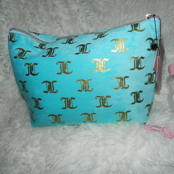 Juicy Couture Cosmetic Makeup Case Travel Velour Bag Blue Turquoise🆕📦🏃🏻💨🚚 - Picture 4 of 16